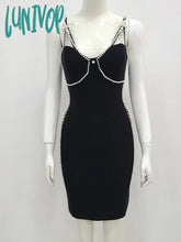 Lunivop Newest Women Summer Style Sexy Sleeveless V Neck Pearl Black Mini Bodycon Bandage Dress